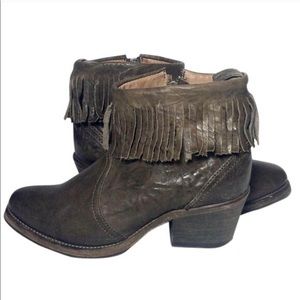 All Saints Distressed Bonny Cuban Fringe Brown Leather Bootie